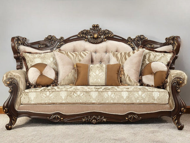 42" Beige Polyester Blend Curved Damask Sofa And Toss Pillows With Brown Legs