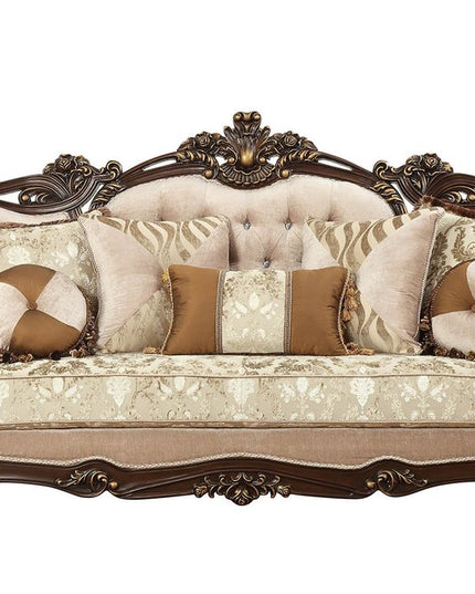 42" Beige Polyester Blend Curved Damask Sofa And Toss Pillows With Brown Legs