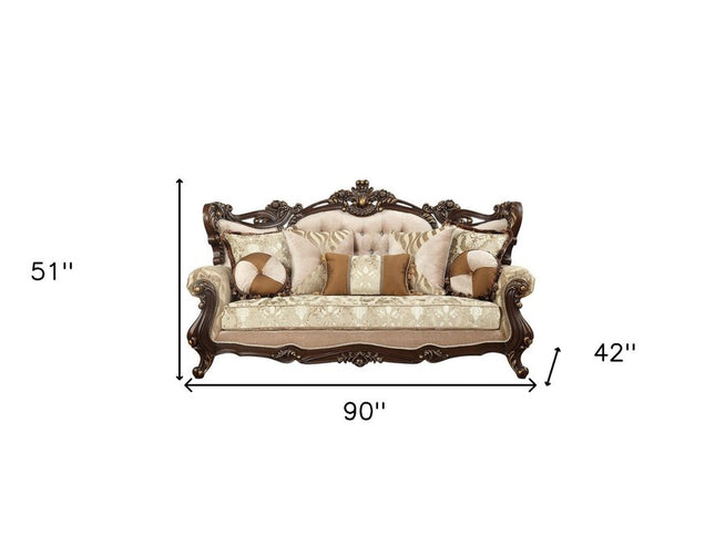 42" Beige Polyester Blend Curved Damask Sofa And Toss Pillows With Brown Legs