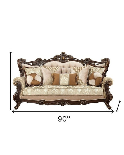 42" Beige Polyester Blend Curved Damask Sofa And Toss Pillows With Brown Legs