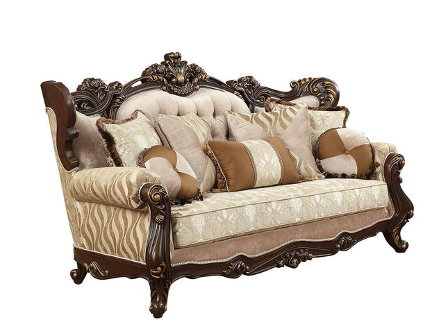 42" Beige Polyester Blend Curved Damask Sofa And Toss Pillows With Brown Legs