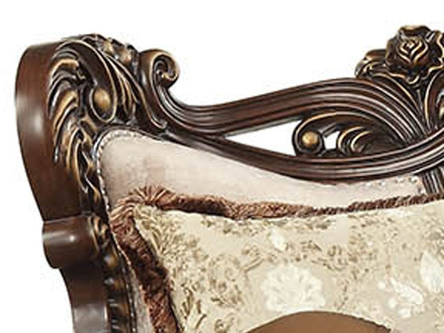 42" Beige Polyester Blend Curved Damask Sofa And Toss Pillows With Brown Legs