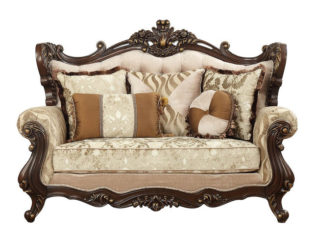 70" Beige and Brown And Brown Damask Loveseat and Toss Pillows