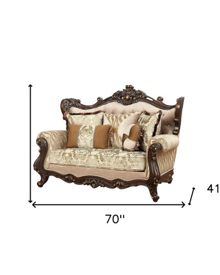 70" Beige and Brown And Brown Damask Loveseat and Toss Pillows
