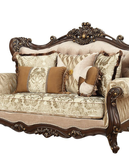 70" Beige and Brown And Brown Damask Loveseat and Toss Pillows