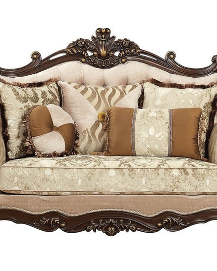 70" Beige and Brown And Brown Damask Loveseat and Toss Pillows
