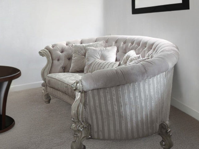 55" Ivory Velvet Curved Floral Sofa And Toss Pillows With Gray Legs