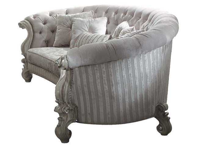 55" Ivory Velvet Curved Floral Sofa And Toss Pillows With Gray Legs