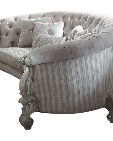 55" Ivory Velvet Curved Floral Sofa And Toss Pillows With Gray Legs