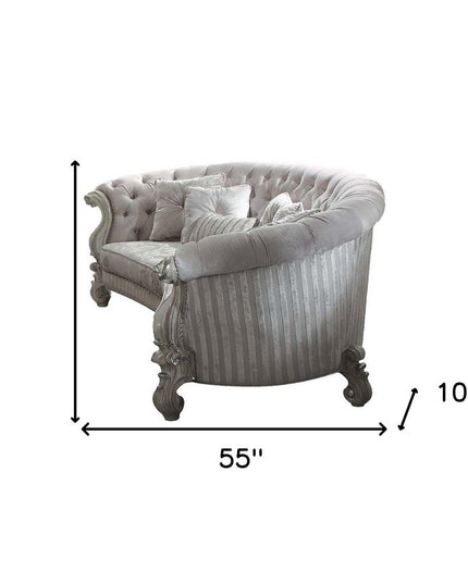 55" Ivory Velvet Curved Floral Sofa And Toss Pillows With Gray Legs
