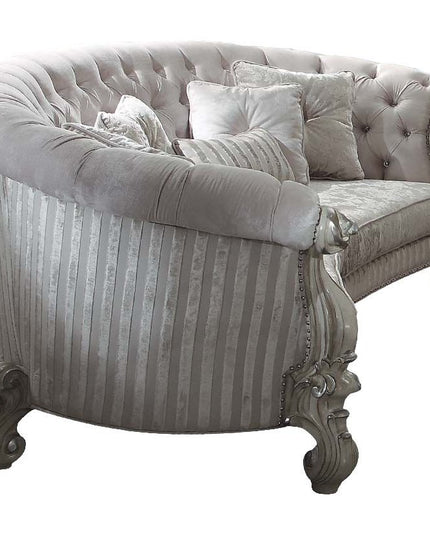 55" Ivory Velvet Curved Floral Sofa And Toss Pillows With Gray Legs