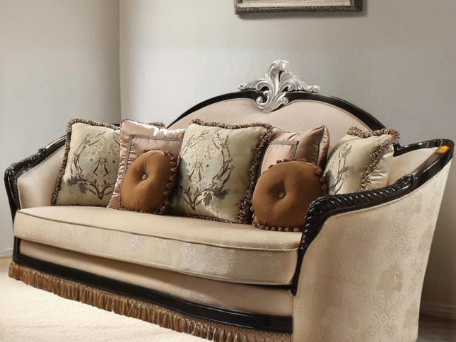 41" Tan Velvet Curved Sofa And Toss Pillows