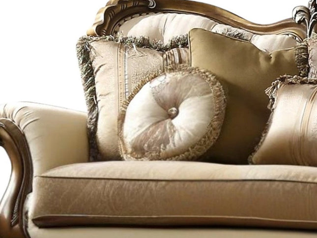 89" Tan Polyester Blend Curved Floral Sofa And Toss Pillows With Brown Legs