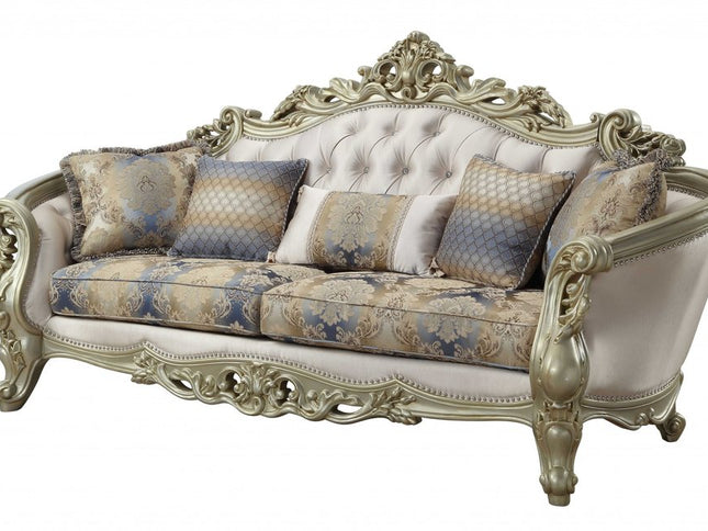 40" Antiqued White Velvet Curved Floral Sofa And Toss Pillows With Champagne Legs