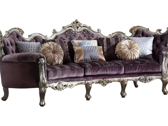 52" Dark Purple Velvet Curved Striped Sofa And Toss Pillows With Platinum Legs