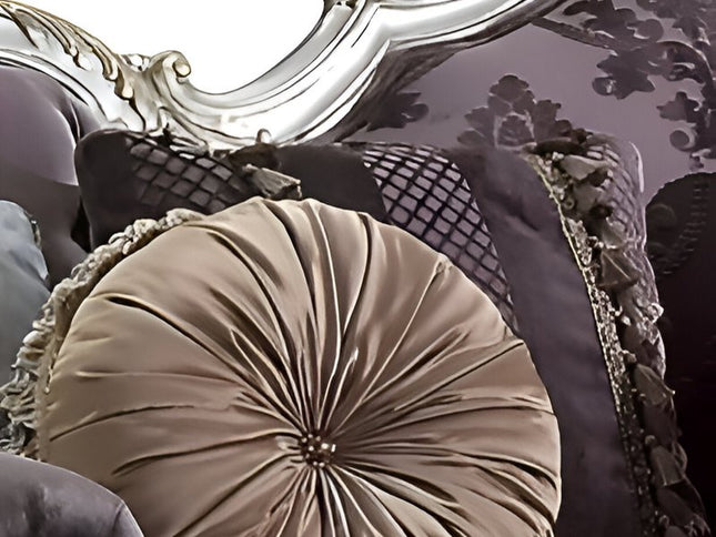 52" Dark Purple Velvet Curved Striped Sofa And Toss Pillows With Platinum Legs