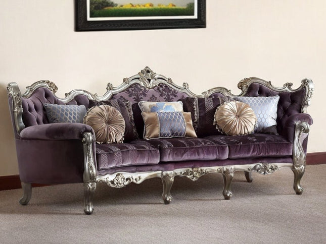 52" Dark Purple Velvet Curved Striped Sofa And Toss Pillows With Platinum Legs