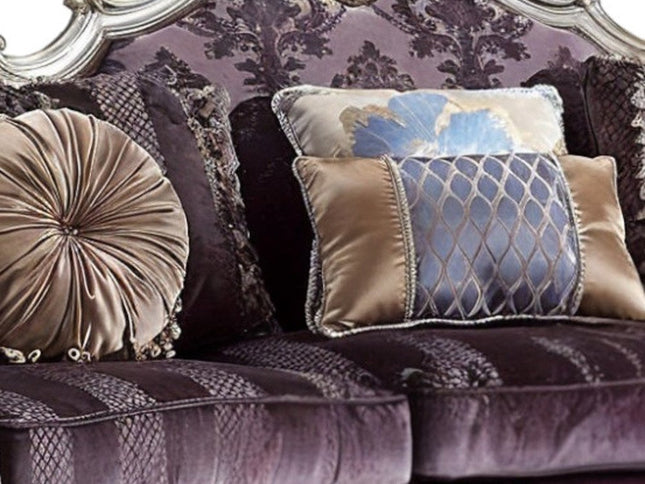 52" Dark Purple Velvet Curved Striped Sofa And Toss Pillows With Platinum Legs