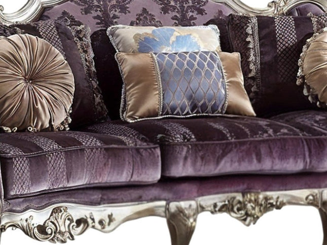 52" Dark Purple Velvet Curved Striped Sofa And Toss Pillows With Platinum Legs