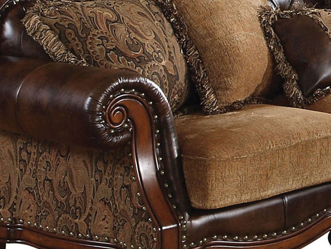 37" Brown Faux Leather and Chenille Sofa And Toss Pillows With Dark Brown Legs