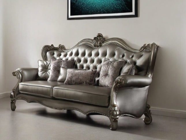 46" Platinum Faux Leather Curved Sofa And Toss Pillows