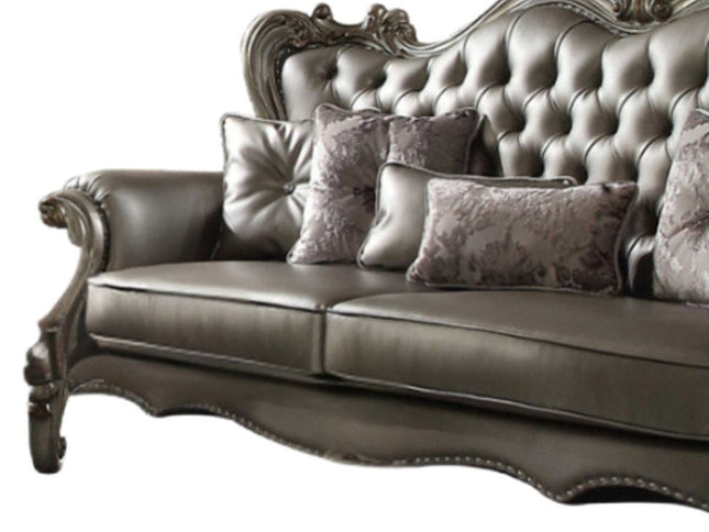 46" Platinum Faux Leather Curved Sofa And Toss Pillows