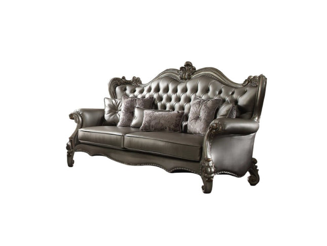 46" Platinum Faux Leather Curved Sofa And Toss Pillows