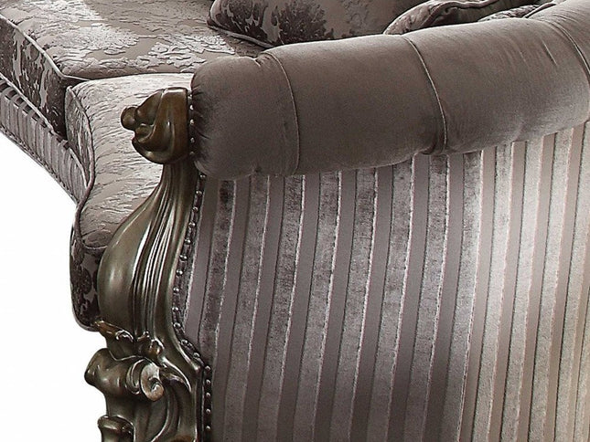 55" Gray Velvet Curved Floral Sofa And Toss Pillows With Champagne Legs