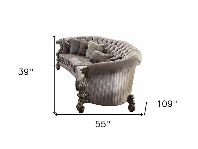 55" Gray Velvet Curved Floral Sofa And Toss Pillows With Champagne Legs