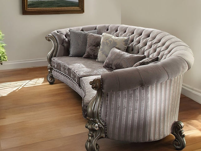 55" Gray Velvet Curved Floral Sofa And Toss Pillows With Champagne Legs