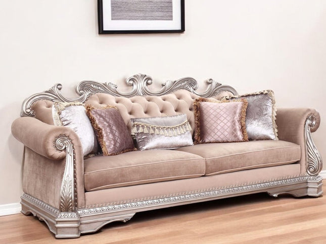 42" Rosegold Velvet Sofa And Toss Pillows With Silver Legs