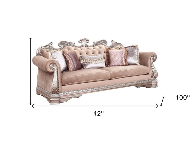 42" Rosegold Velvet Sofa And Toss Pillows With Silver Legs