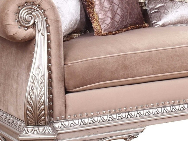42" Rosegold Velvet Sofa And Toss Pillows With Silver Legs