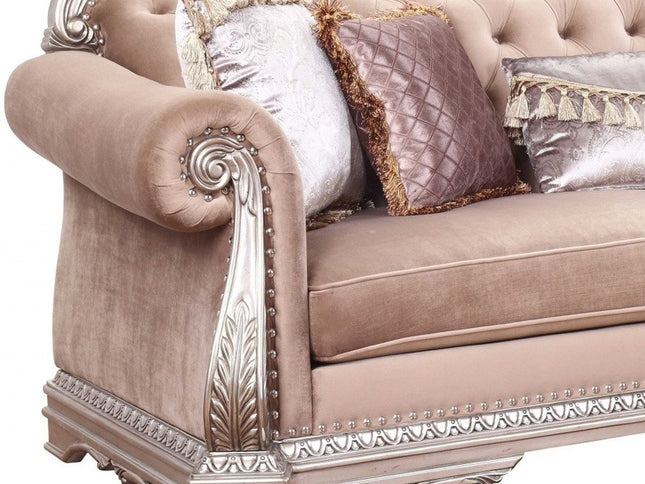 42" Rosegold Velvet Sofa And Toss Pillows With Silver Legs