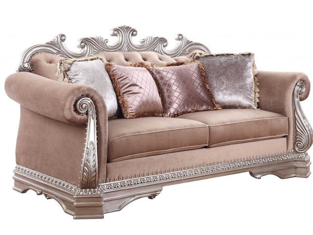 80" Champagne Velour Loveseat and Toss Pillows