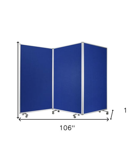 71" Blue Iron Folding Three Panel Screen Room Divider