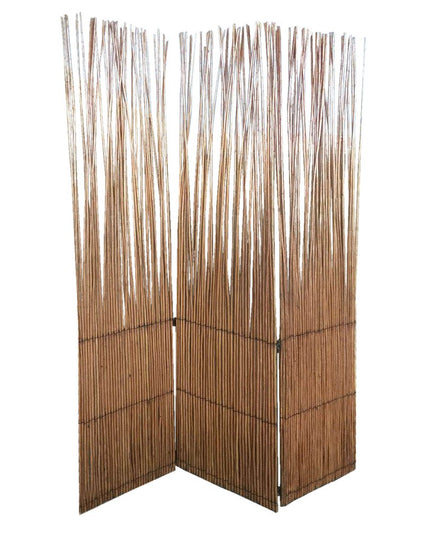 69" Brown Wood and Metal Folding Three Panel Screen Room Divider