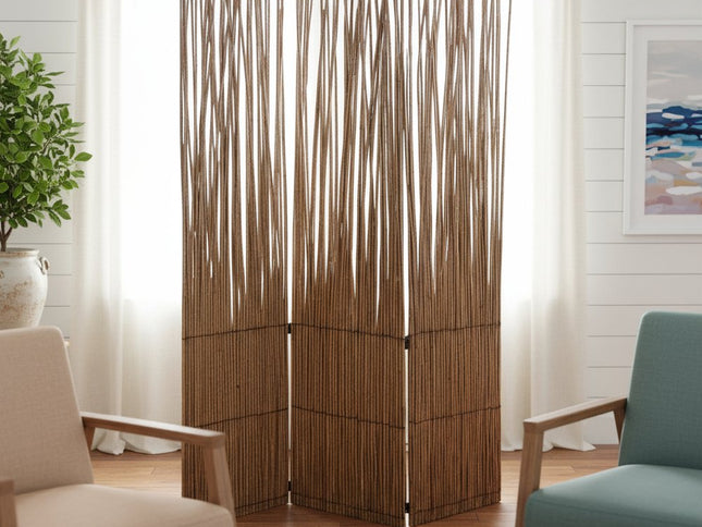 69" Brown Wood and Metal Folding Three Panel Screen Room Divider