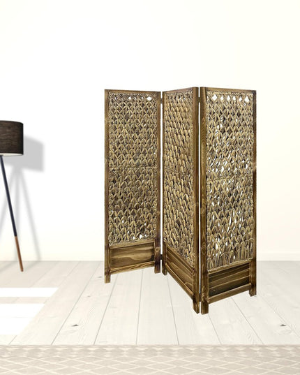 Casual Wood And Seagrass Three Panel Room Divider Screen