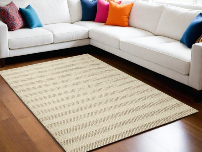 9' X 13' Ivory And White Wool Striped Hand Woven Area Rug