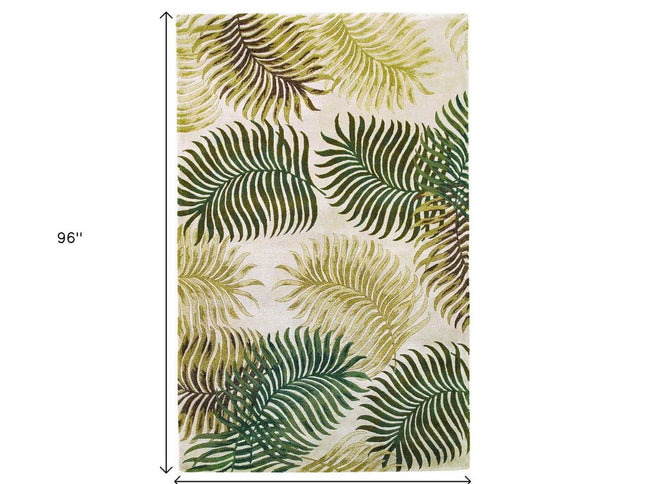 5' X 8' Natural Green And Brown Wool Botanical Leaves Hand Tufted Area Rug