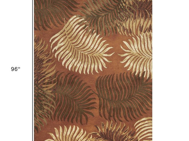 5' X 8' Rust Orange And Green Wool Botanical Leaves Hand Tufted Area Rug