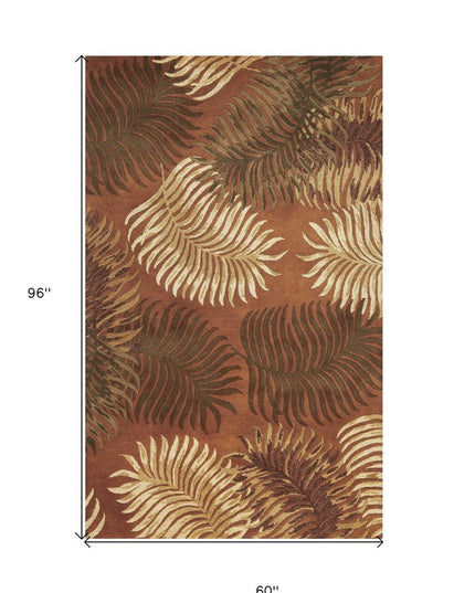 5' X 8' Rust Orange And Green Wool Botanical Leaves Hand Tufted Area Rug
