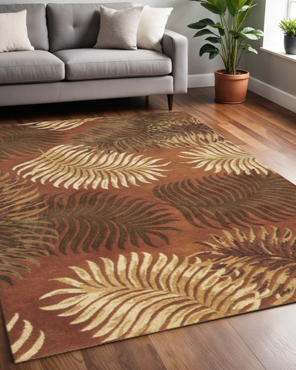 5' X 8' Rust Orange And Green Wool Botanical Leaves Hand Tufted Area Rug