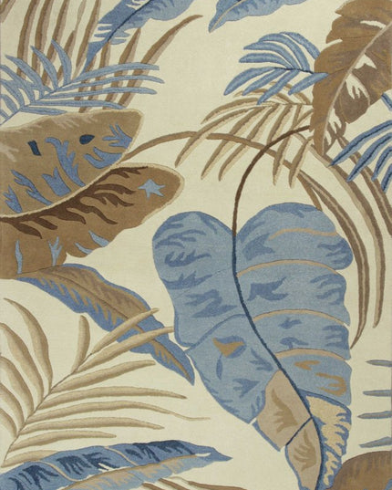 3' X 5' Ivory Blue And Brown Wool Tropical Botanical Hand Tufted Area Rug