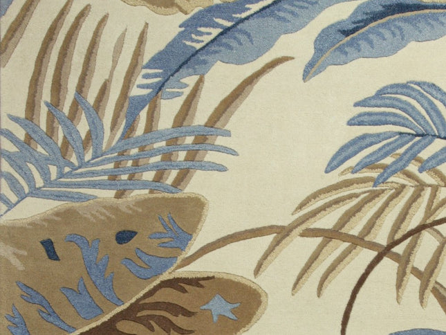 3' X 5' Ivory Blue And Brown Wool Tropical Botanical Hand Tufted Area Rug