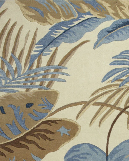 3' X 5' Ivory Blue And Brown Wool Tropical Botanical Hand Tufted Area Rug