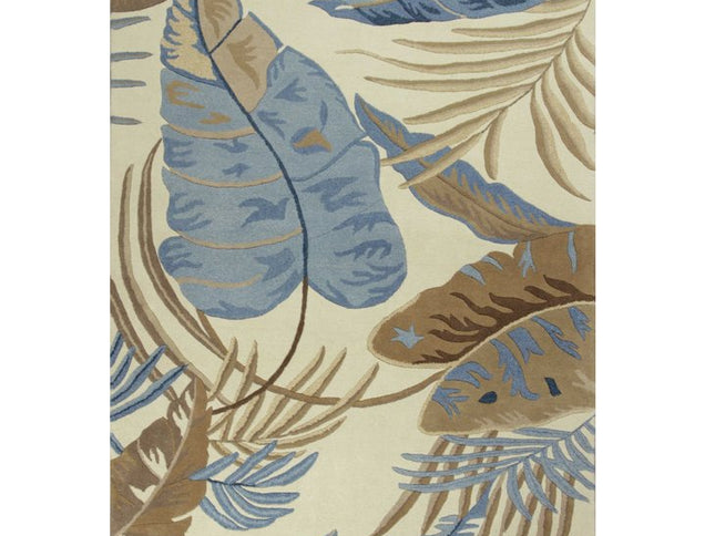 3' X 5' Ivory Blue And Brown Wool Tropical Botanical Hand Tufted Area Rug