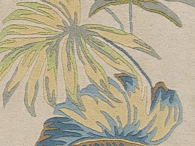 7' Ivory And Blue Wool Botanical Leaves Hand Tufted Round Rug