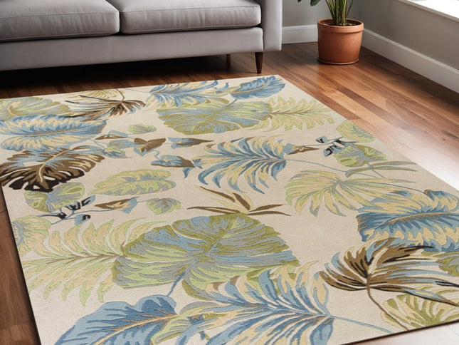 7' Ivory And Blue Wool Botanical Leaves Hand Tufted Round Rug